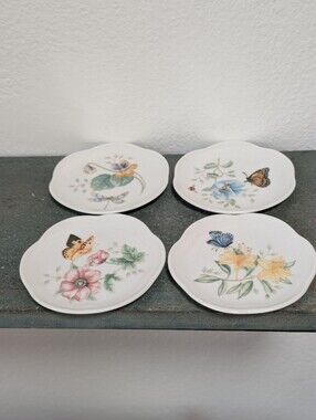 Vtg Lenox Butterfly Meadow Porcelain Coasters Set of 4 Assorted Floral Patterns